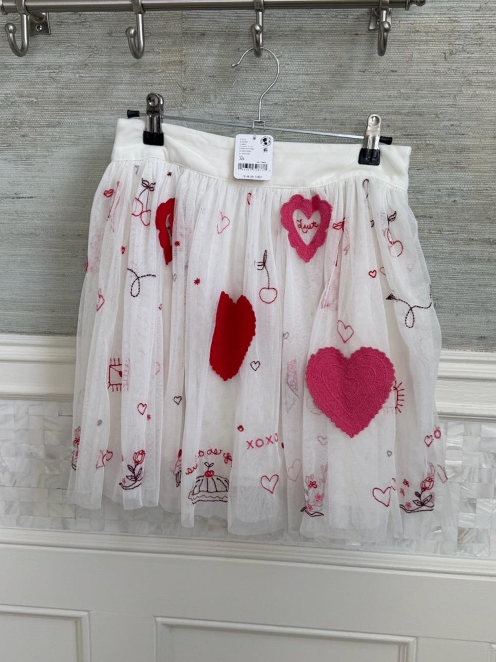 NWT XS free people sketchbook skirt White Tulle Pink red Hearts love embroidered - Picture 3 of 17
